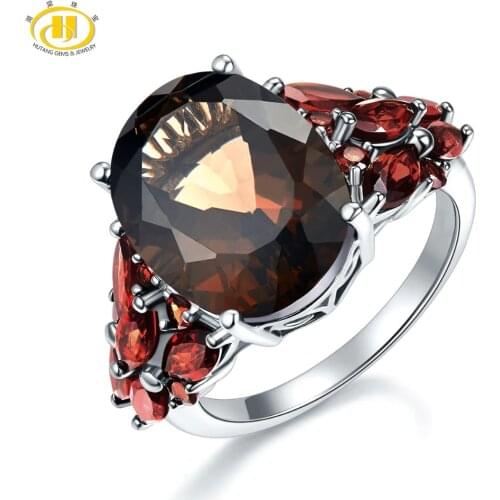 Hutang 11.31ct Smoky Quartz Wedding Womens Ring 925 Sterling Silver Cocktail Natural Gemstone Garnet Rings Vintage Fine Jewelry