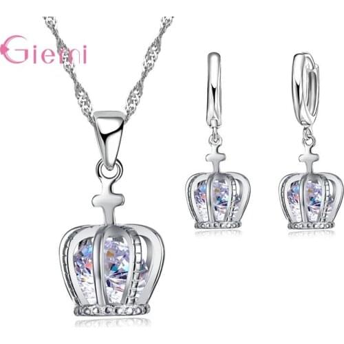 925 Sterling Silver Jewelry Sets Cubic Zirconia Crown Pendant Necklace Earrings for Women Girl Fashion Trendy Jewelry Bijoux