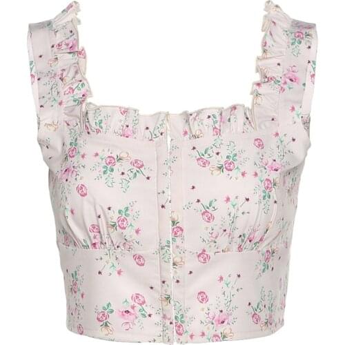 Women Square Neck Cami Tank Top, Flounce Sling Straps Camisole Floral Printed Blouse Top
