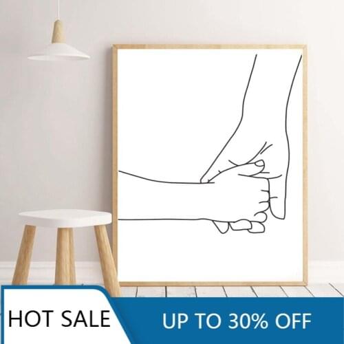 Minimalist Line Wall Art Canvas Painting Poster Print Holding Hands Mom Child Hands Nursery Wall Decor Love Family Room Decor