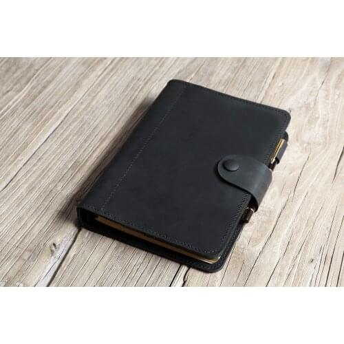 All black leather refillable planner , leather A5 6 ring binder , leather daily portfolio