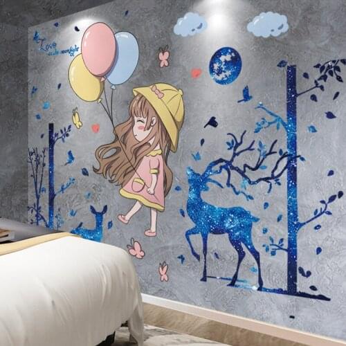 [shijuekongjian] Cartoon Girl Balloons Wall Stickers DIY Deer Animal Mural Decals for House Kids Rooms Baby Bedroom Decoration