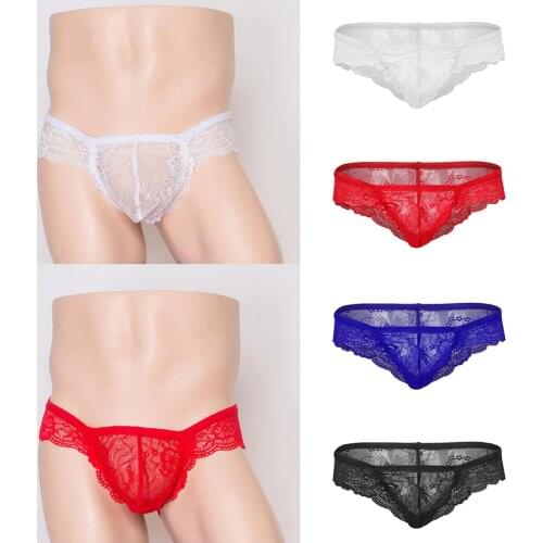 Mens Sheer Lace Floral Bulge Pouch Thong Brief G-string Underwear