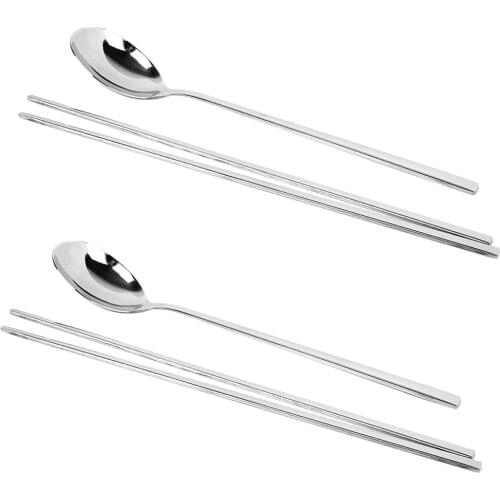 Korean Style Stainless Steel Tableware Set 2 Pairs Chopsticks + 2 Pcs Spoons