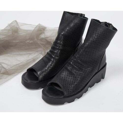 2019 spring and summer new top layer cowhide fish mouth hollow boots leather hole boots wedge with platform boots womens boots