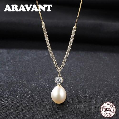 925 Sterling Silver Necklace Pave Zircon Chain Real Pearl Necklaces&Pendants Women Wedding Pearl Jewelry