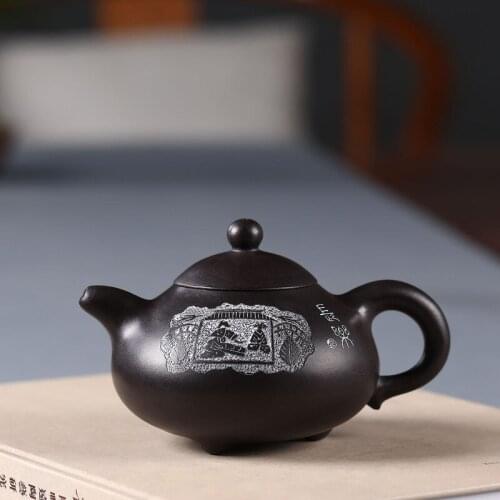 Yixing purple clay pot genuine artisan raw mine black gold mud milk butcher pot Kungfu teapot tea set office gifts