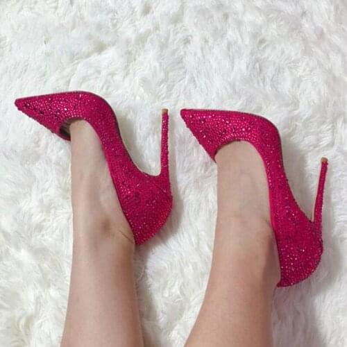Luxury Crystal High Heel Pumps Red Black Glittering Wedding Shoes Bride Pointed Toe Shallow Rhinestone Party Shoes Size 45