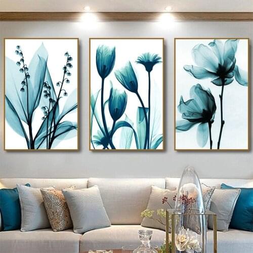 Self-adhesive Wall Stickers Nordic Painting Flowers Posters Prints Blue Floral Wall Art Pictures Living Bedroom Room Decoration
