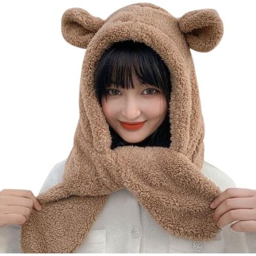 Fashion Winter Women Novelty Beanies Caps Warm Cute Bear Ear Hat Casual Plush Hat Scarf Set Casual Solid Women Caps Present