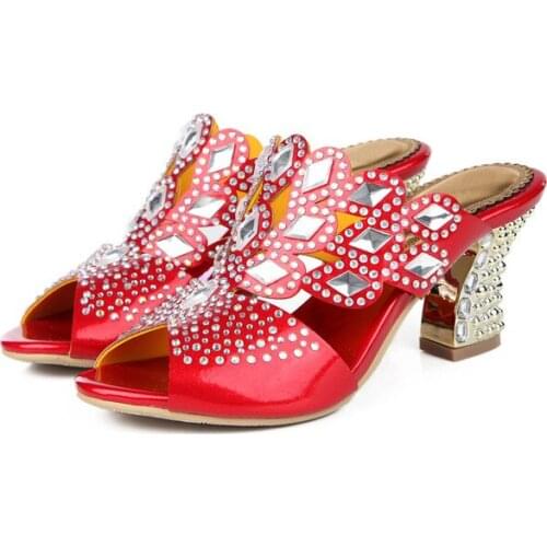 Thick High Heel 8 cm High Heel Slippers Women Peep Toe Slippers Rhinestone Hollow Slippers Diamonds High Heel Slippers