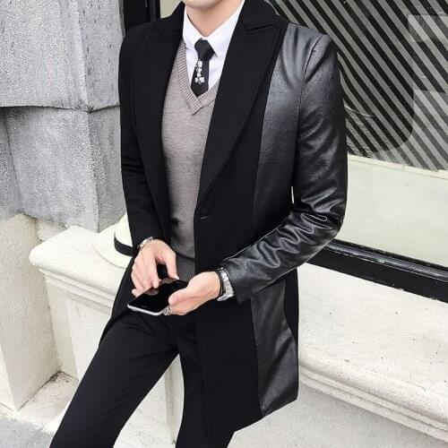 Spring Splicing Leather Jacket Men Moto Hommes Baseball Collar Mens Wool Trench Coat 2020 Quality Veste Biker Homme