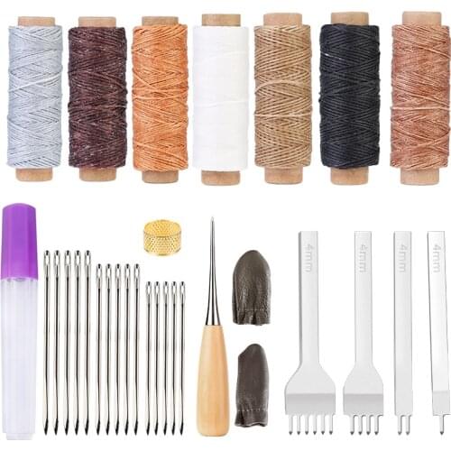 Imazy Wax Thread Leather Wax Thread Large Eye Needle Punch Leather Tool Thimble Protector Leather Sewing Tool Kit