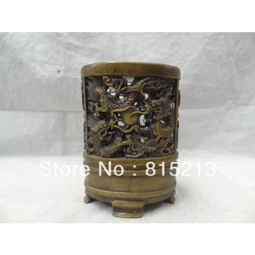 Wang 000217 China Bronze Dragon Statue Tibet Tibetan Buddhism Pencil Vase Brush Barrel Pot