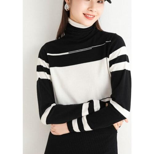 High Quality winter new striped knitwear pile neck slim bottoming shirt high collar Pullover color contrast sweater for women