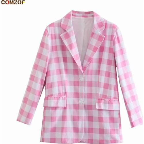 Korean INS Blazer Women Plaid Coats Long Sleeve Vintage Loose 2021 Autumn Casual Tops Clothing Casaco Feminino