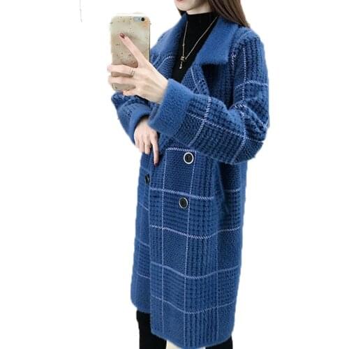 Fashion Faux Mink Fleece Women Woolen Coat New 2020 Autumn Winter Suit Collar Double Breasted Casual Knitting Wool Overcoat K873