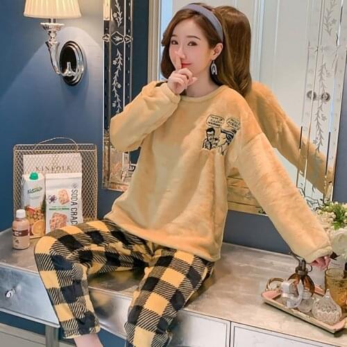 Winter Pajamas Women Korean Sleepwear Cute Cartoon Flannel Pajamas Set Velvet Warm Pijama Round Neck Pyjama Homewear Women