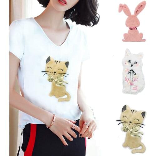 1pc Rabbit cat sequin feather embroidery Patches for clothing DIY sew on animal parches Embroidery lace appliques