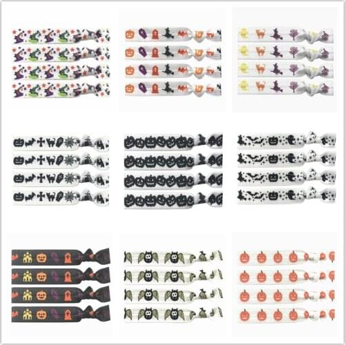 21 Colors 40pcs 5/8" Halloween Pumpkin Witch Moon Shantou Bat Print Hair Tie FOE Elastic Band Ponytail Holder Bracelet Wristband