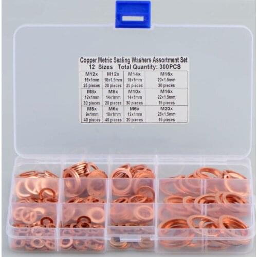 300PCS Copper Sealing Solid Gasket Washer Set Flat Ring Oil Seal Gasket Assortment Kit M5-M20 for Sump Plugs Accessories
