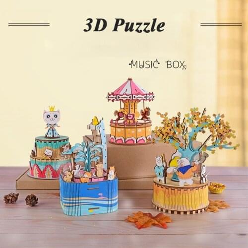 3D Romantic Carousel Wooden Puzzle Game DIY Wooden Assembly Music Box Toys Creative Handmade Adult Children Handmade Gift Toy