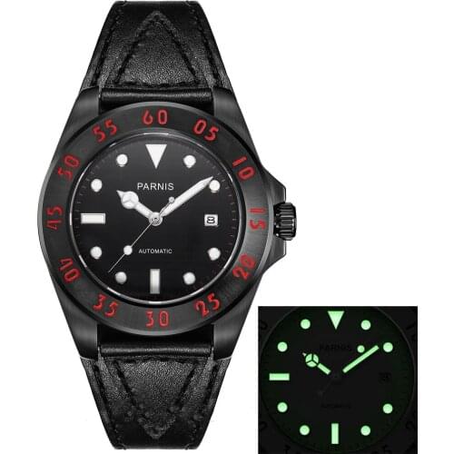 43mm Parnis black dial PVd case luminous marks Sapphire Glass date adjust miyota automatic movement Mens business Watch