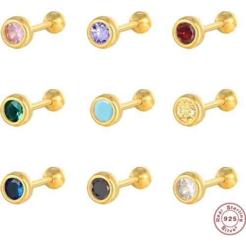 BOAKO 925 Sterling Silver Colorful Diamond Stud Earrings For Women Round Purple Green Red Zircon Crystal Ear Stud Party Jewelry