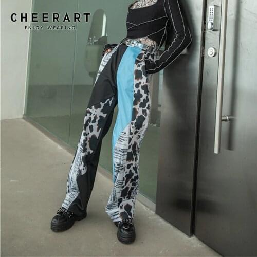 CHEERART 2020 Fall Fashion Patchwork Jeans Women High Waisted Straight Leg Pants Denim Trousers Aesthetic Streetwear Pants
