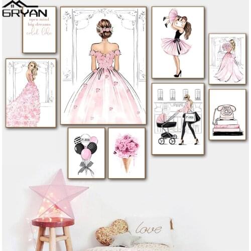 Baby Nursery Poster Fashion Mom Girl Pink Flower Dress Canvas Prints Paintings Wall Art Family Nordic Modern Pictures Room Decor