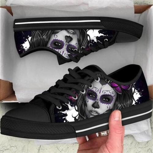 ELVISWORDS Teen Girls Fashion Vulcanized Shoes Skull Girls Print Women Sport Running Sneaker Purple Butterfly Design Flat Shoes