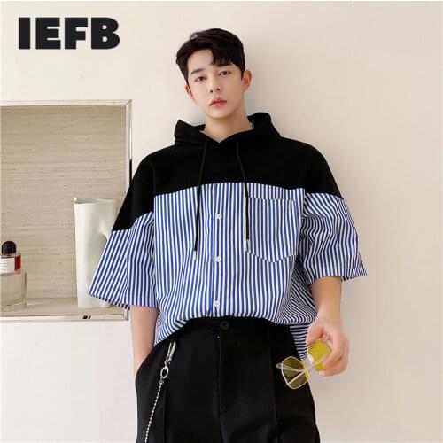 IEFB Korean Fashion Patchwork Sweatshirts Style Short Sleeve Pullovers Shirts 2021 New Summer Blue Striped Oversized Tops 9Y7228