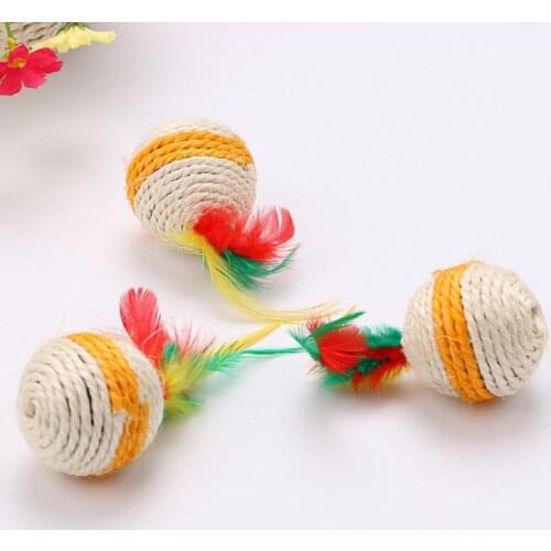 Random Color Pet Cat Toy Sisal Ball With Feather Scratch Chew Play Interactive Toy For Cat Kitten New