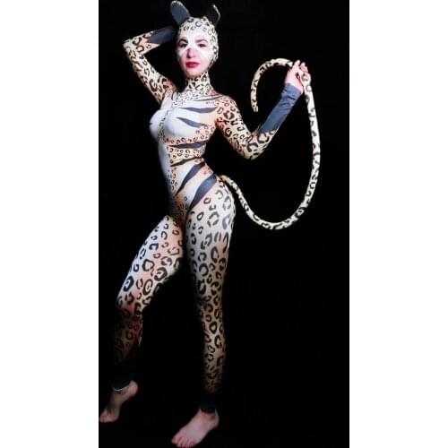 Leopard Pattern Cat Cosplay Jumpsuit Women Singer Bodysuit Dance Prom Bar Model Show Party Elastic Tight-fitting Stage Wear