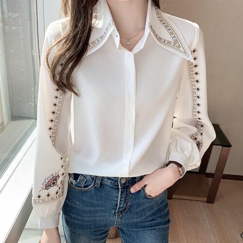 Fashion Womens Blouses Chiffon Shirt Embroidered Loose Long Sleeve Top Shirt PLus Size Blusas