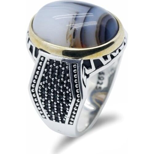 Mens Ring with Agate Stone 925 Sterling Silver Natural Gemstone Vintage Geometric Turkish Rings Fine Jewelry to Husband Gift