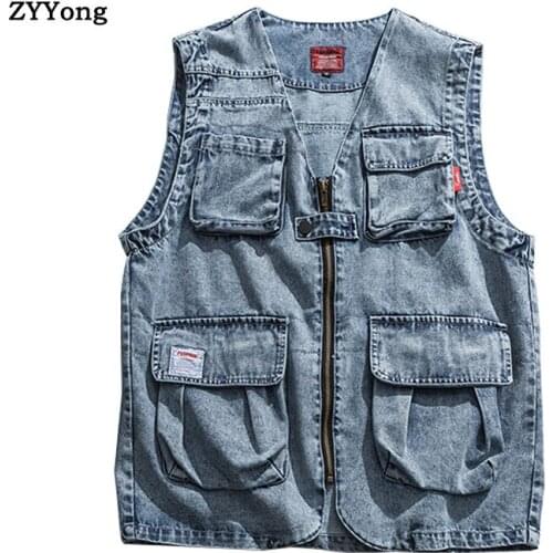 Men Denim Vest Korea Style Wash Multi-Pocket Photographer Work Youth Sleeveless Jacket Comfortable Blue Cowboy Waistcoat Coat