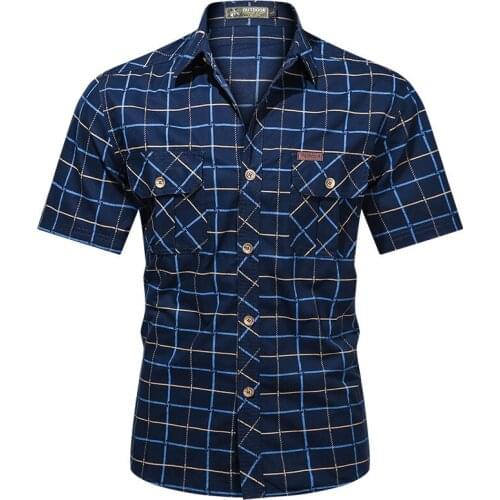 New Summer Shirt Men Pure Cotton Plaid Loose Casual Shirts for Men Multi-pockets Military Short Sleeve Men Shirt Plus Size M-5XL