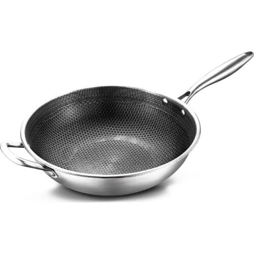 New Stainless Steel Wok Honeycomb Non-stick Pan Without Oil Smoke Frying Pan Wok, Gas and Induction Cooker Kitchen Tool