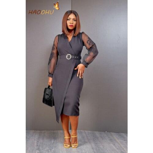 Cross V-Neck Long Sleeve Sashes Spring Summer Womens Dresses Temperament Commute Midi Dress Office 2021 Solid Color HAOOHU