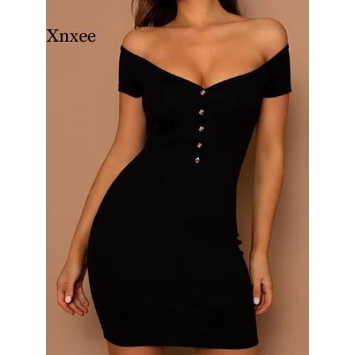 Sexy V Neck Off Shoulder Knitted Mini Dress Button Fashion Summer Party Pencil Dresses Women Skinny Elastic Solid Dinner Clothes