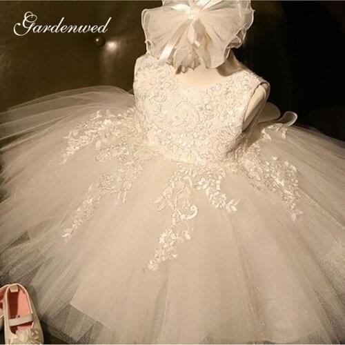 Ivory Puffy Flower Girl Dresses 2020 Lace Appliques A-Line First Communion Dresses O-Neck Tulle Baby Girl Party Dresses