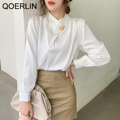 QOERLIN Satin OL Formal White Shirts Pullovers 2021 Fall New Stand-Up Collar Korean Loose Button Chain Long Sleeve Chiffon Shirt