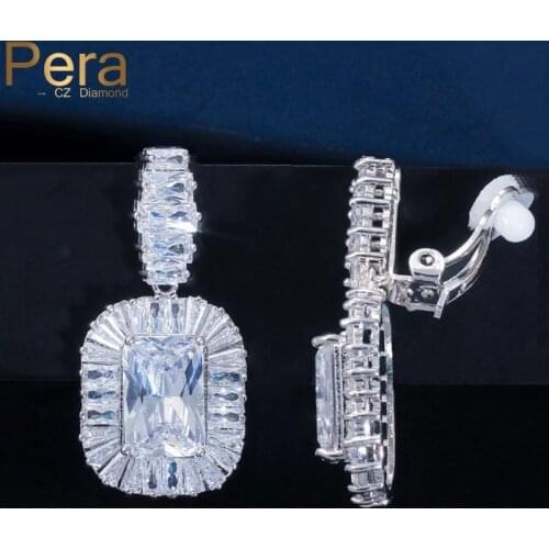 Pera 2021 White Cubic Zirconia Elegant Women Big Dangle Clip on Earrings without Piercing for Wedding Jewelry Accessories E414