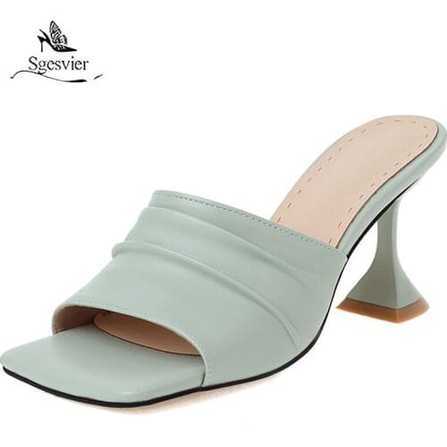 Sgesvier 2021 New Sexy Square Head Peep Toe High Heel Mesh Slippers Summer Fashion Slip On Thin Heels Slides Women Mules Party