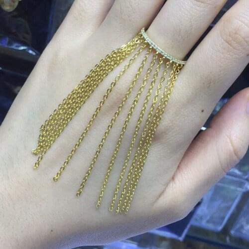 SOELLE Fashion Real 925 Sterling Silver Yellow Gold Color Chain Tassel Finger Ring Pave Cubic Zirconia Stones Women Fine Jewelry