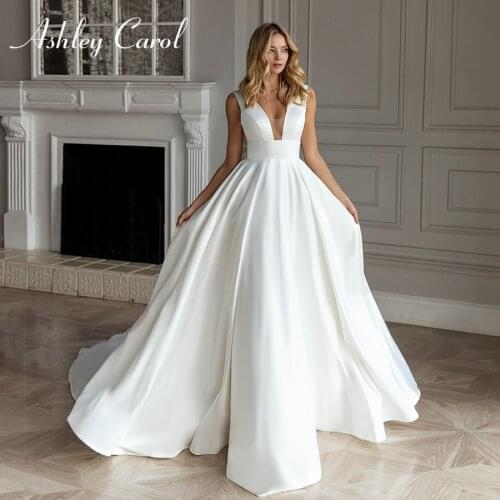 Ashley Carol A-Line Wedding Dress 2021 Elegant Satin V-neckline Backless Bow Bride Dresses Sleeveless Princess Vestido De Noiva