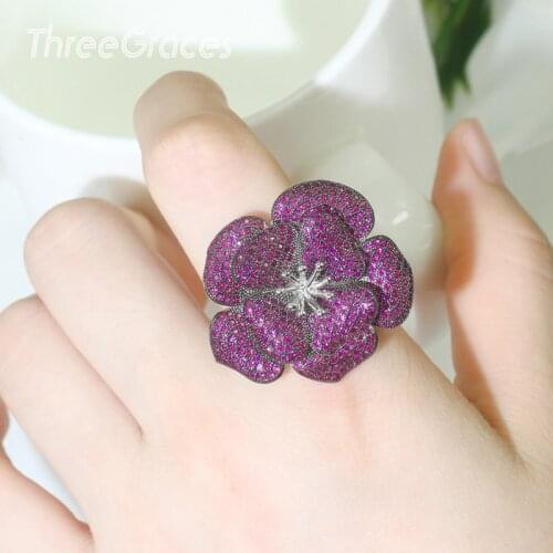 ThreeGraces Luxury Rose Red Micro Pave Cubic Zircon Stone Big Flower Finger Rings Adjustable Ladies Fashion Party Jewelry RG132