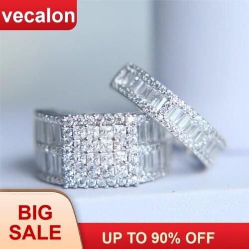 Vecalon Lovers Luxury ring set 5A Zircon Cz 925 Sterling Silver Engagement Wedding Band rings for women Men Finger Jewelry Gift