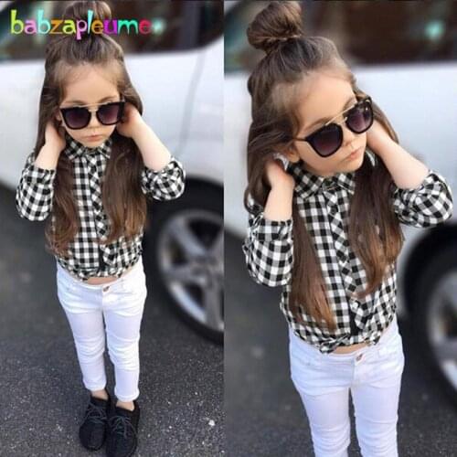 Spring Autumn Kids Wear Toddler Girls Clothes Fashion Plaid Long Sleeve Baby T-shirt+White Pants Children Clothing Sets BC1479-1